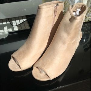 Blush pink suede peep toe booties
